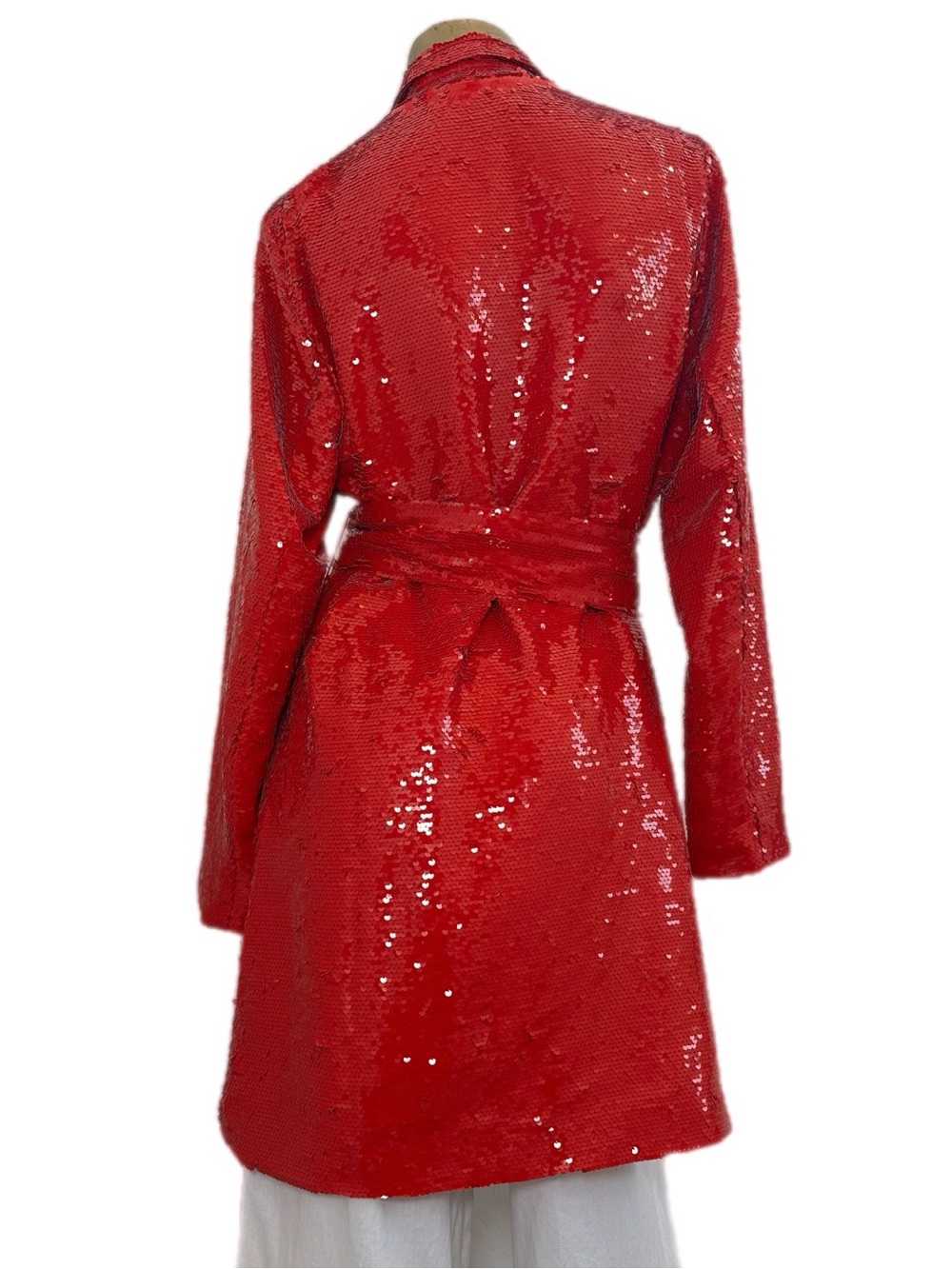 VENUS Red Sequin Belted Duster Midi length Jacket Size 14 , snap button front - Picture 5 of 12